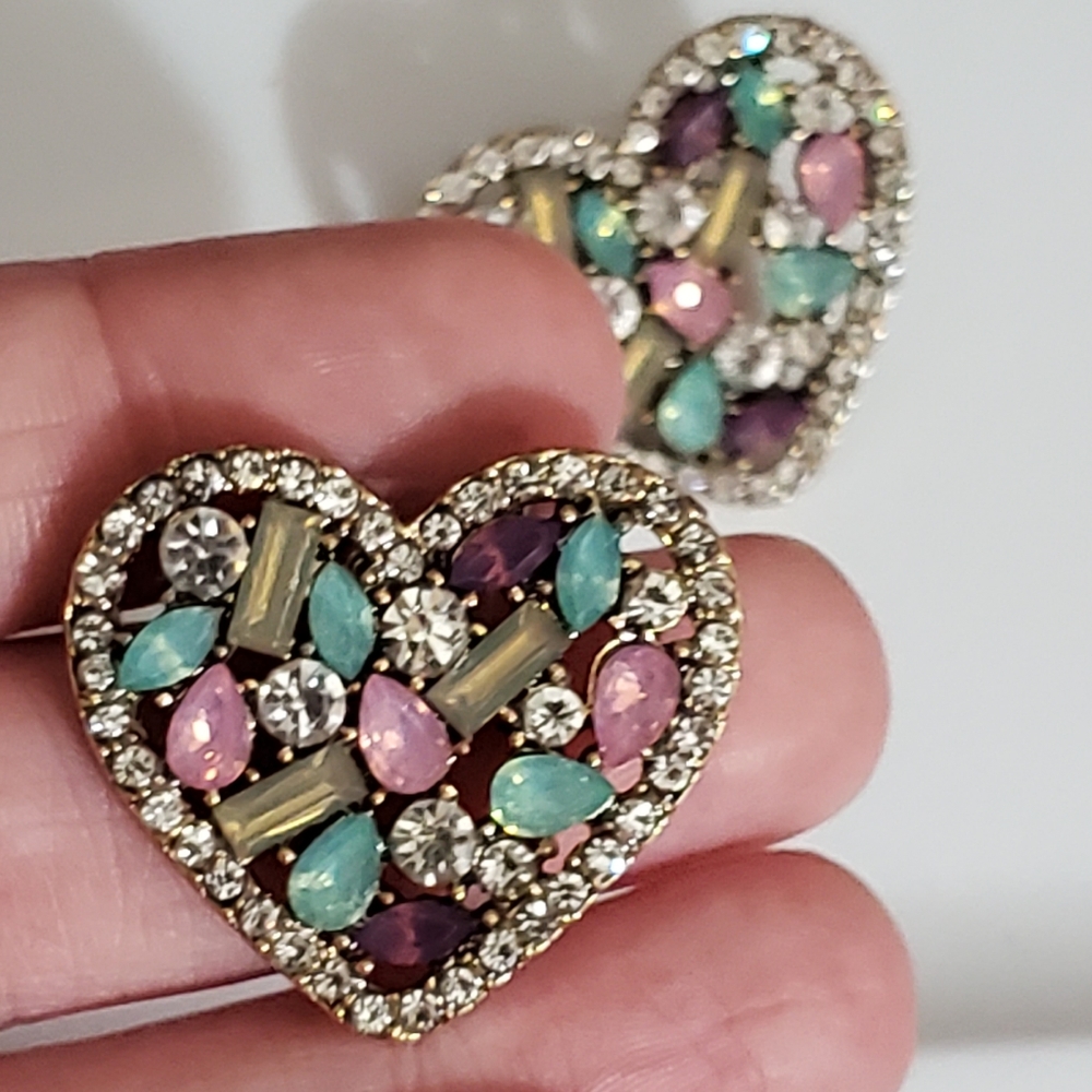 Hearts opalescent colorful earrings pierced Rhinestones crystals rhinestones